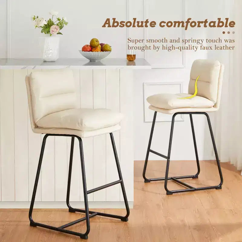 Lot de 2 tabourets de bar modernes en similicuir épais avec pieds en métal Crème/Blanc