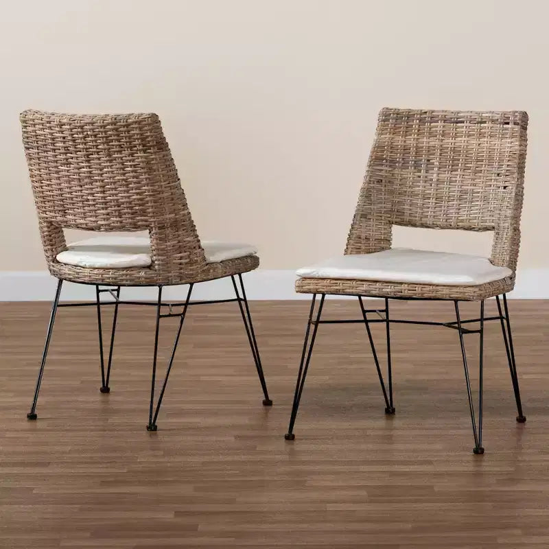 Chaise de salle à manger 2 pièces en rotin et métal avec coussin