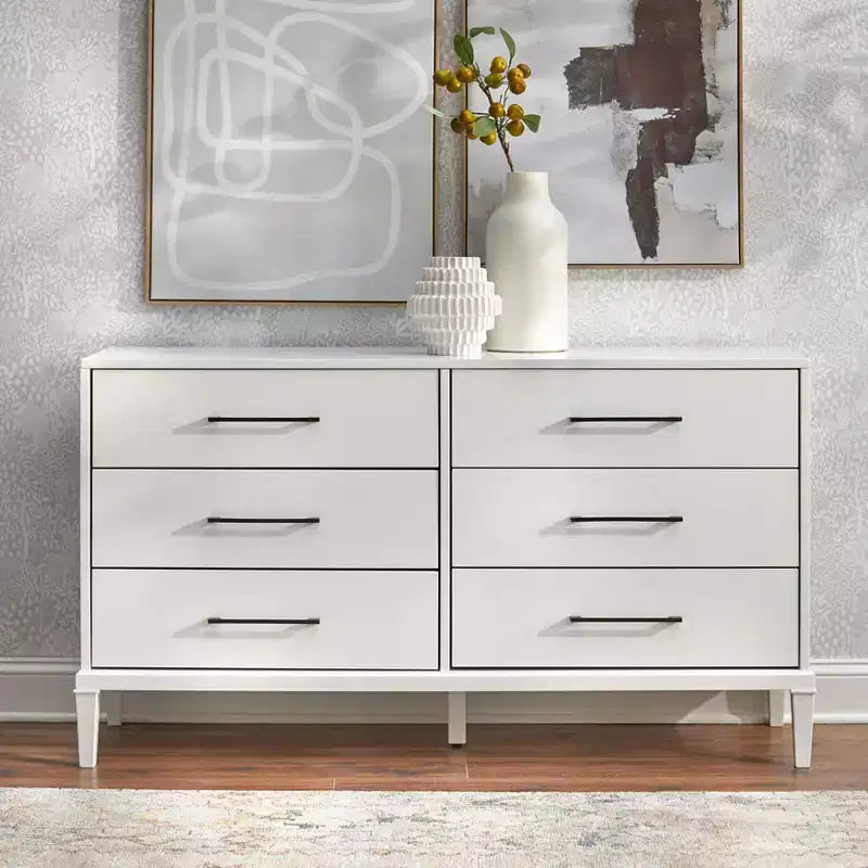 Lifestorey Sussex 6 Drawer Dresser White: Solid Rubberwood Legs MDF Modern Farmhouse Style