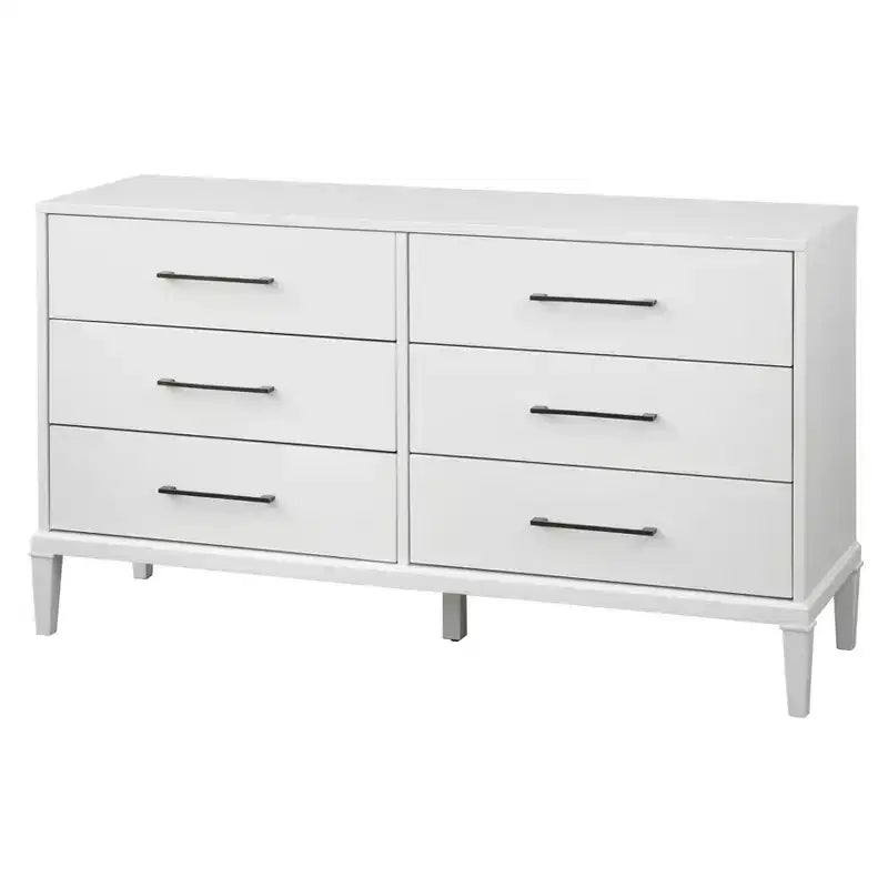 Commode blanche à 6 tiroirs : Pieds en bois d'hévéa massif, MDF