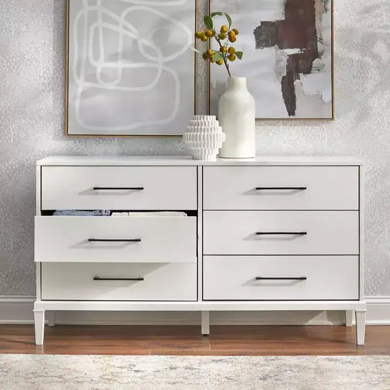 Commode blanche à 6 tiroirs : Pieds en bois d'hévéa massif, MDF