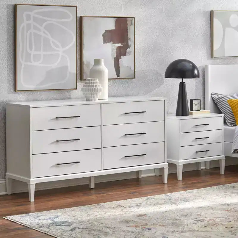 Commode blanche à 6 tiroirs : Pieds en bois d'hévéa massif, MDF
