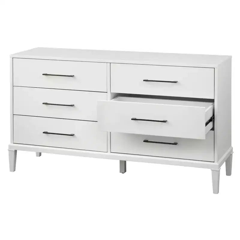 Commode blanche à 6 tiroirs : Pieds en bois d'hévéa massif, MDF