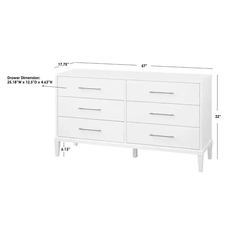 Commode blanche à 6 tiroirs : Pieds en bois d'hévéa massif, MDF