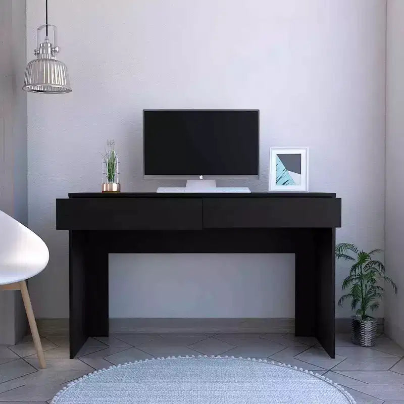 Bureau informatique noir moderne avec plateau en bois stratifié