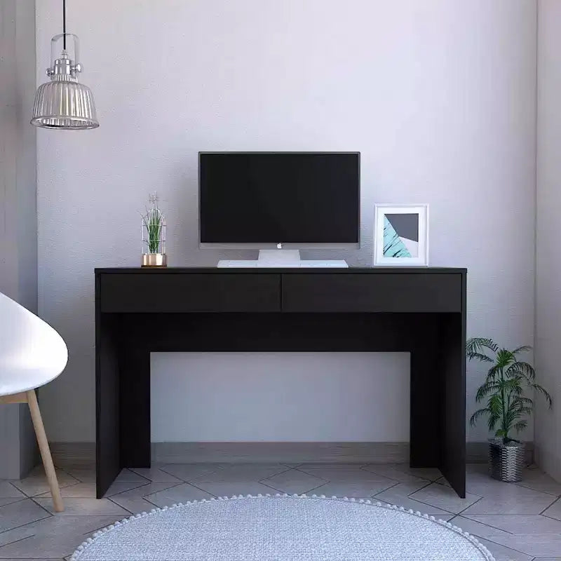 Bureau informatique noir moderne avec plateau en bois stratifié