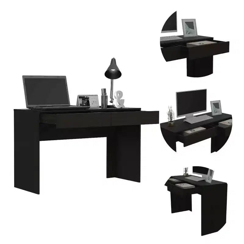 Bureau informatique noir moderne avec plateau en bois stratifié