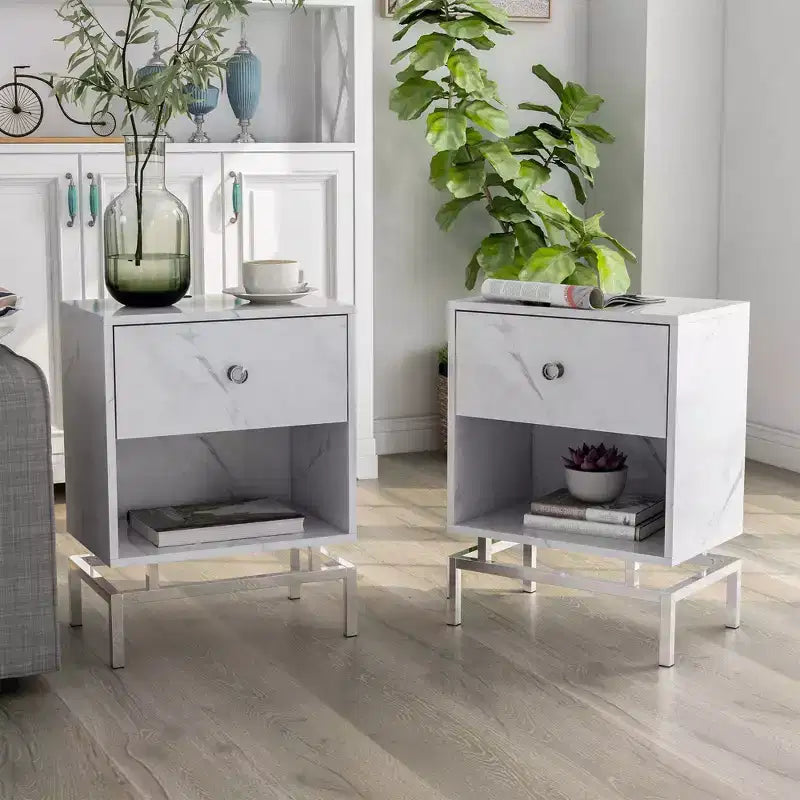 Lot de 2 tables d'appoint avec port USB Blanc antique