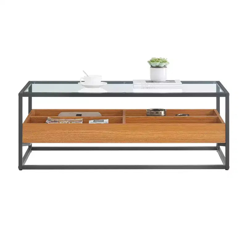 Table basse plateau verre étagères ouvertes rangement contemporain