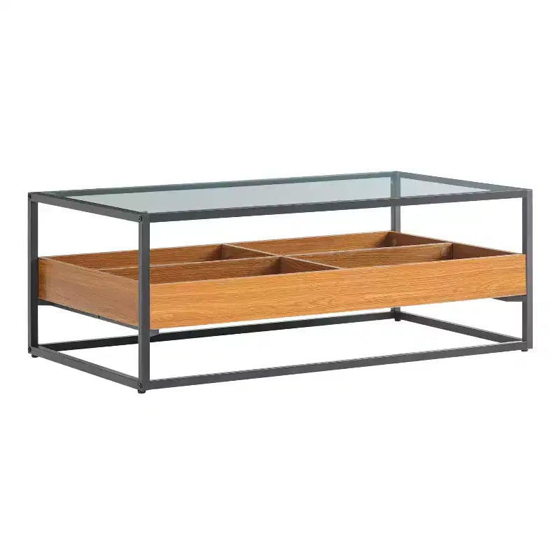 Table basse plateau verre étagères ouvertes rangement contemporain