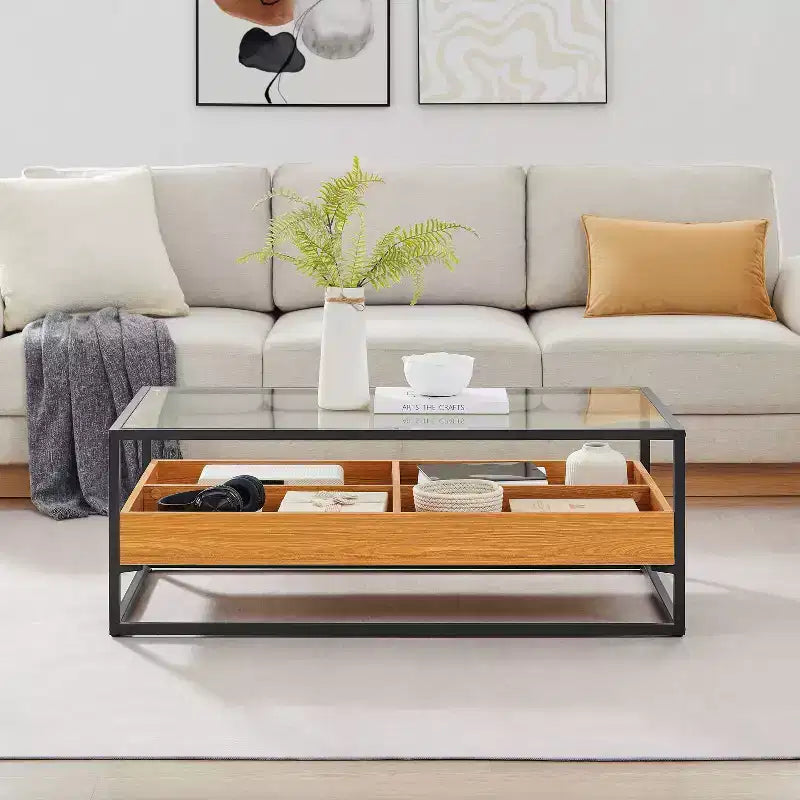 Table basse plateau verre étagères ouvertes rangement contemporain