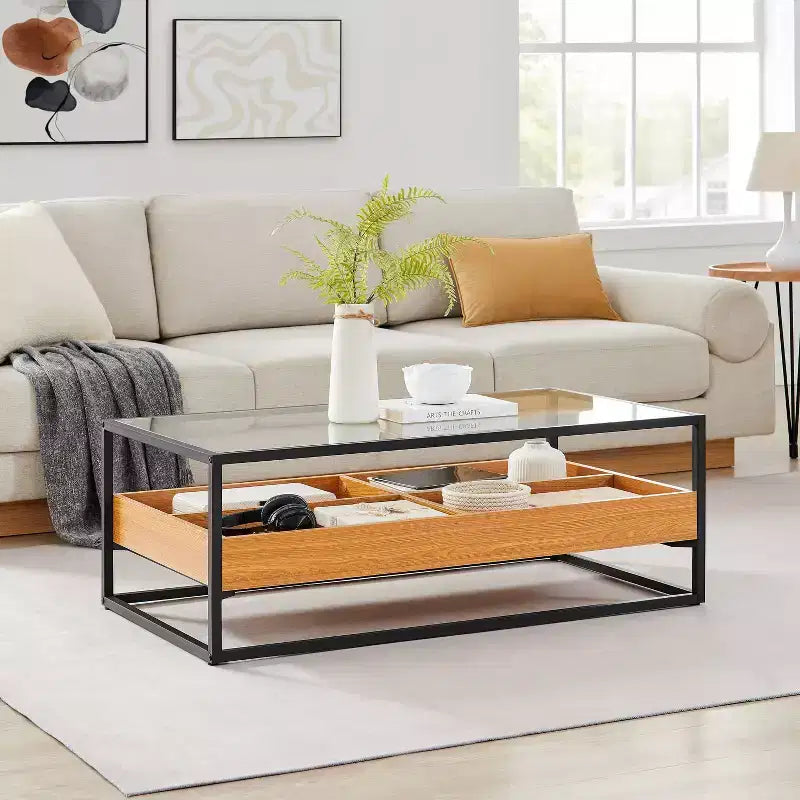 Table basse plateau verre étagères ouvertes rangement contemporain