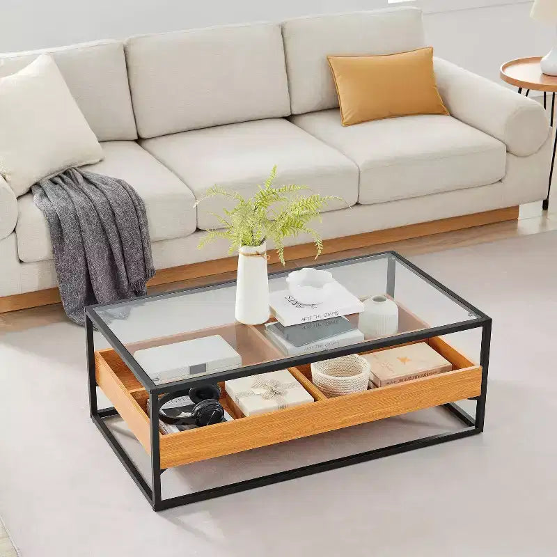 Table basse plateau verre étagères ouvertes rangement contemporain