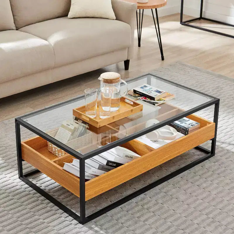 Table basse plateau verre étagères ouvertes rangement contemporain