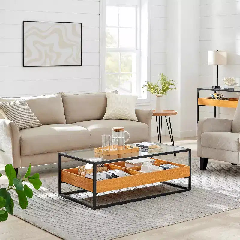 Table basse plateau verre étagères ouvertes rangement contemporain