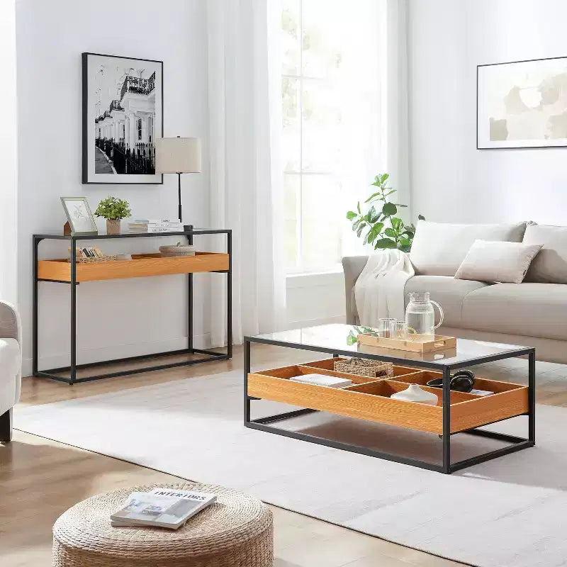 Table basse plateau verre étagères ouvertes rangement contemporain