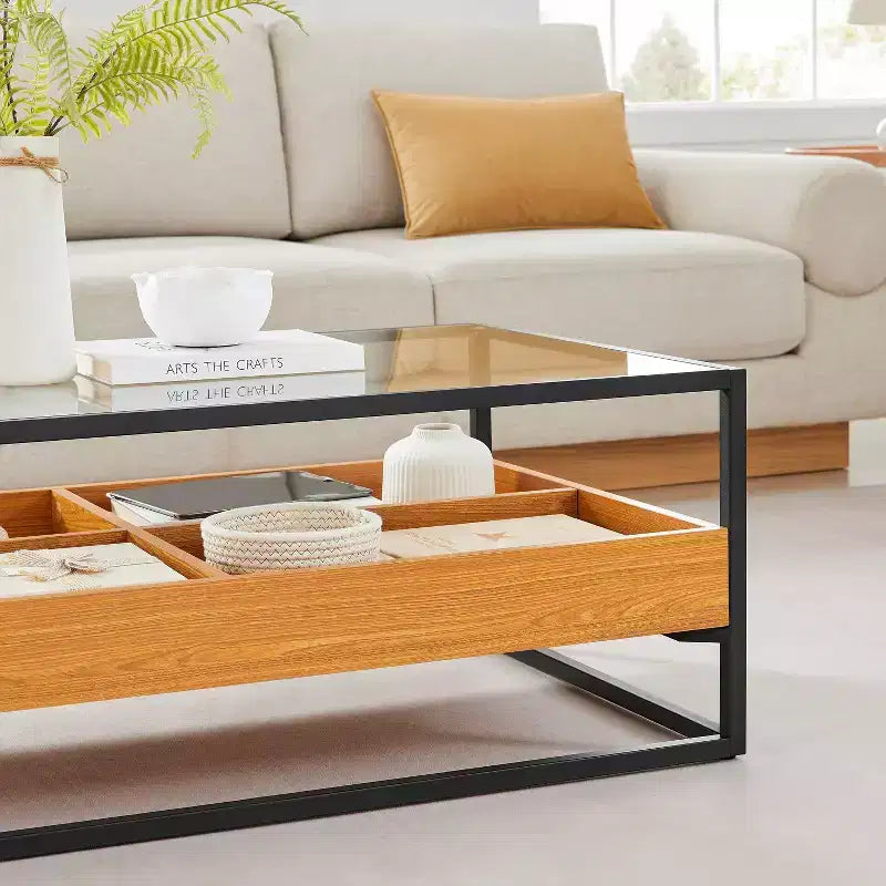 Table basse plateau verre étagères ouvertes rangement contemporain
