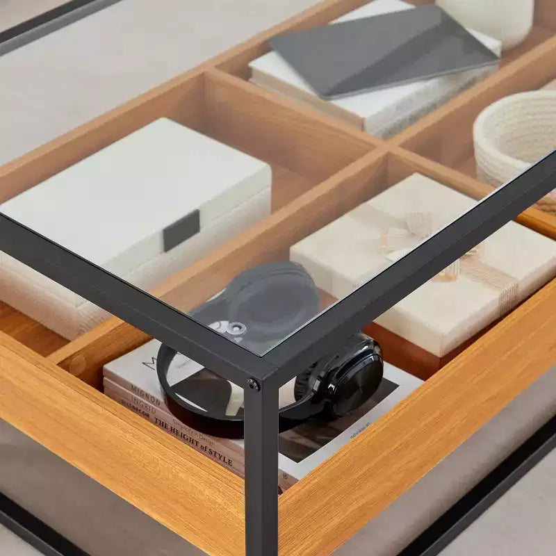 Table basse plateau verre étagères ouvertes rangement contemporain
