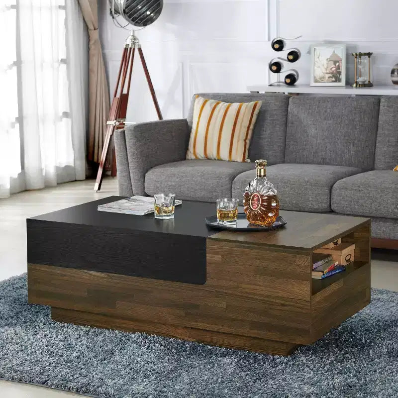 Table basse avec rangement coulissant en noyer clair