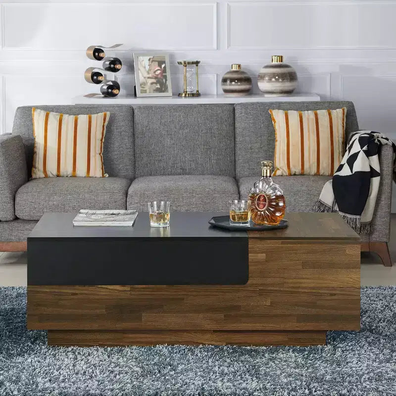 Table basse avec rangement coulissant en noyer clair
