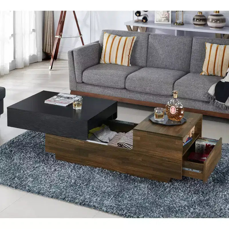 Table basse avec rangement coulissant en noyer clair