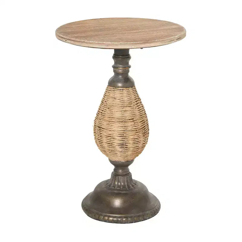 Farmhouse Metal Woven Pedestal Accent Table Brown - Olivia & May: No Assembly Round Wood Top