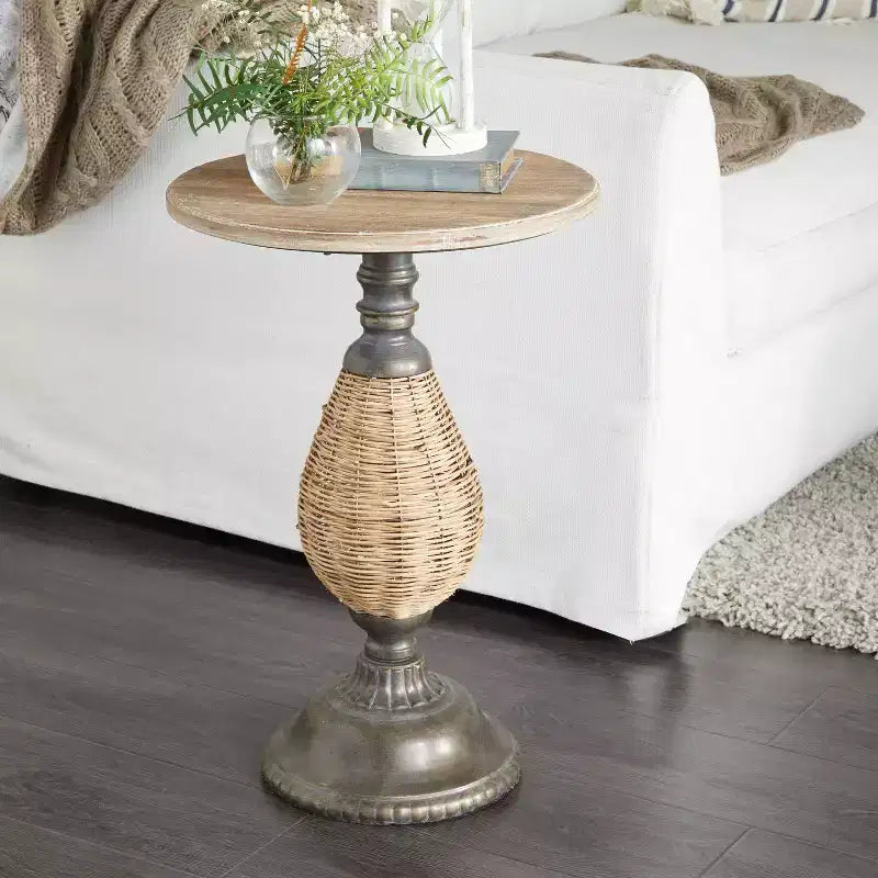 Table d'appoint piédestal tressée en métal style ferme marron