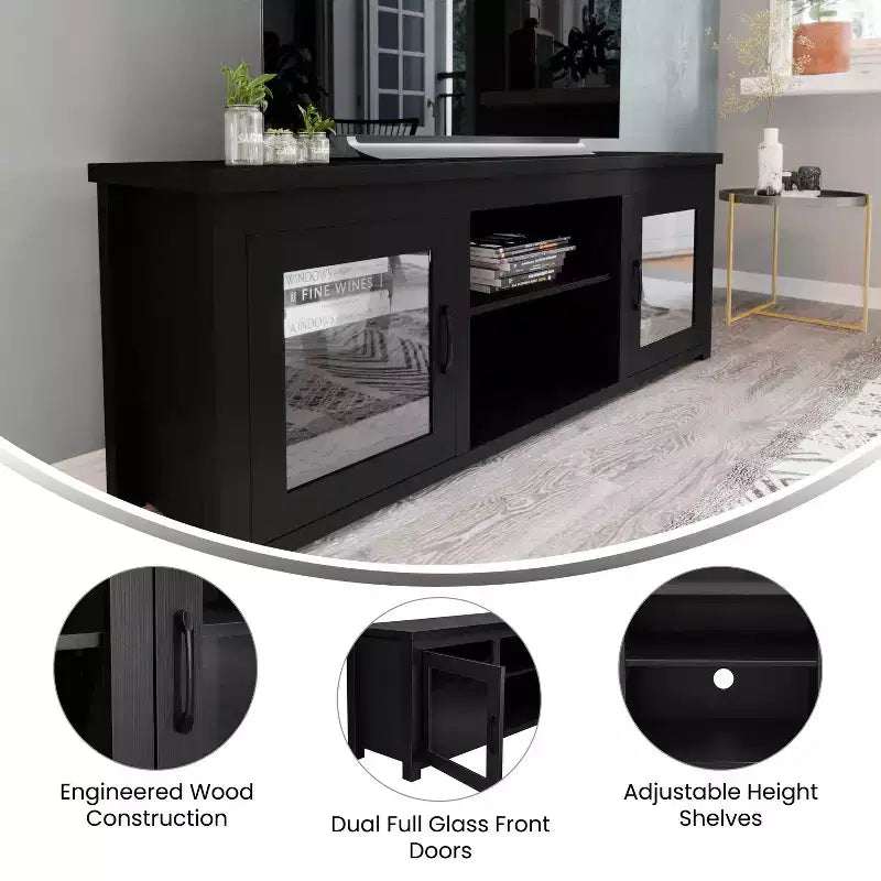 Meuble TV console média avec portes entièrement vitrées classiques et 3 étagères réglables