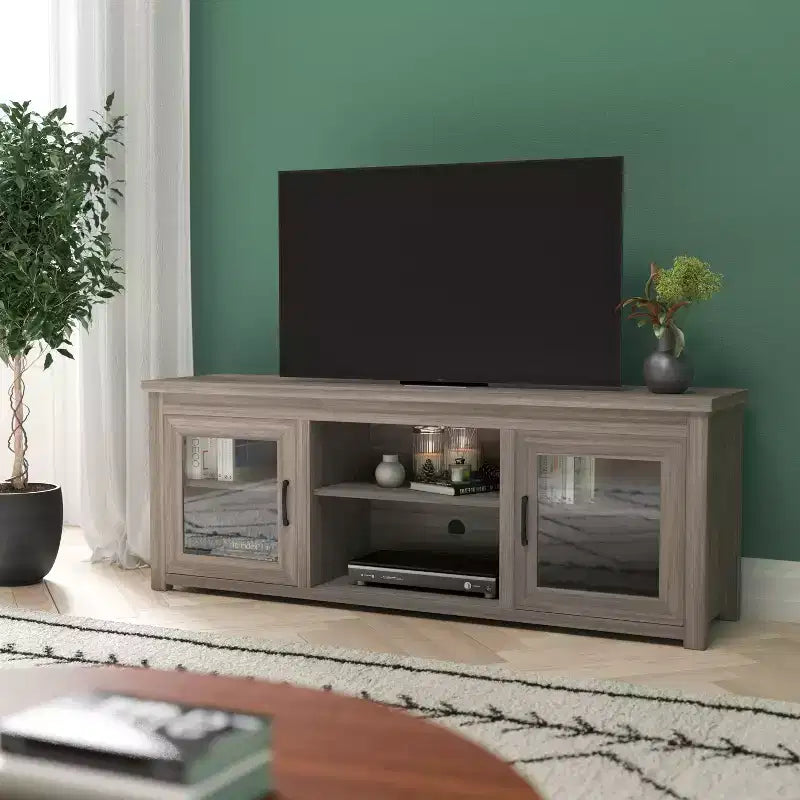 Meuble TV console média avec portes entièrement vitrées classiques et 3 étagères réglables