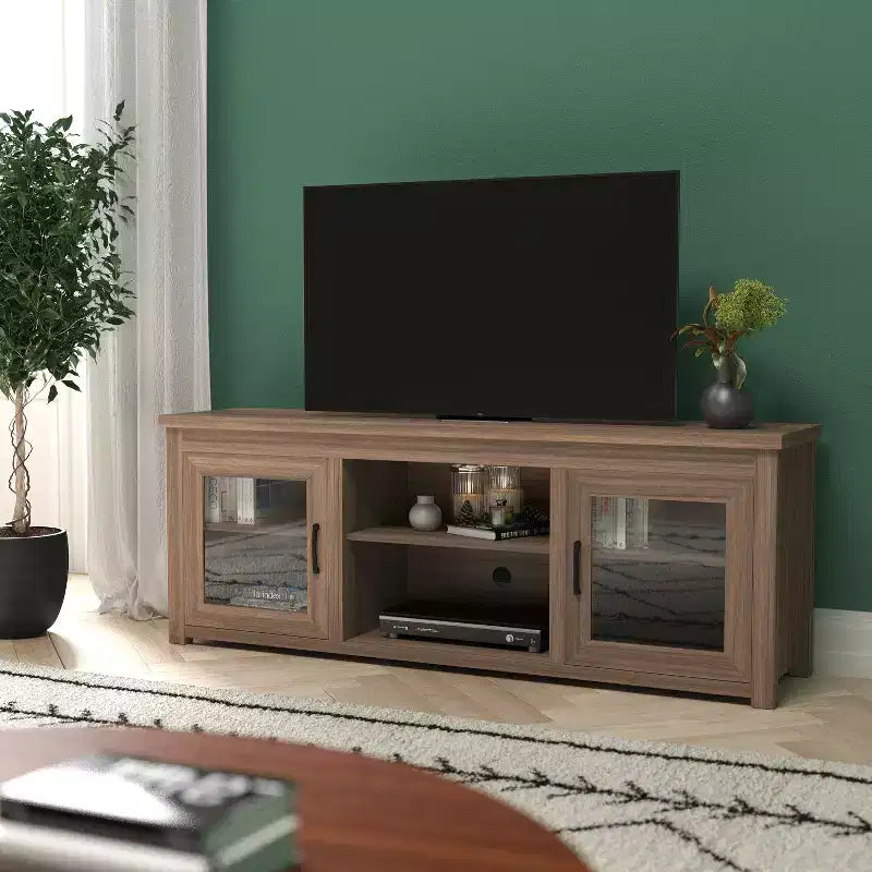 Meuble TV console média avec portes entièrement vitrées classiques et 3 étagères réglables