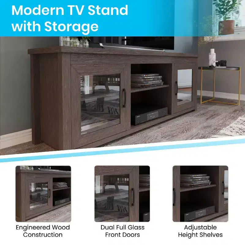 Meuble TV console média avec portes entièrement vitrées classiques et 3 étagères réglables
