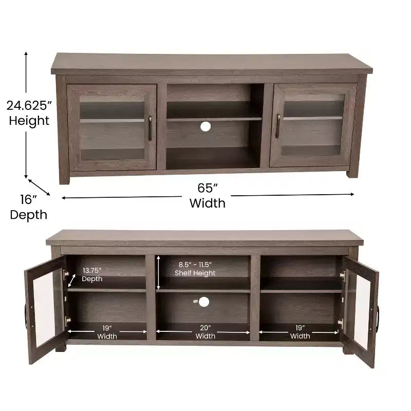 Meuble TV console média avec portes entièrement vitrées classiques et 3 étagères réglables