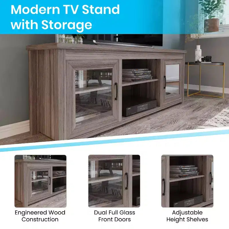 Meuble TV console média avec portes entièrement vitrées classiques et 3 étagères réglables