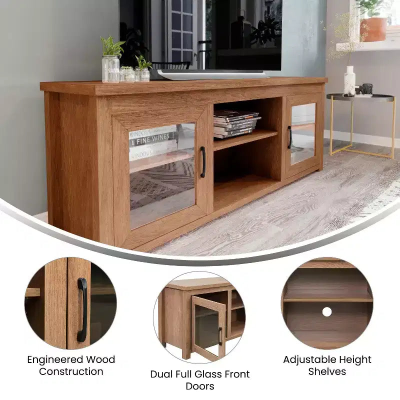 Meuble TV console média avec portes entièrement vitrées classiques et 3 étagères réglables
