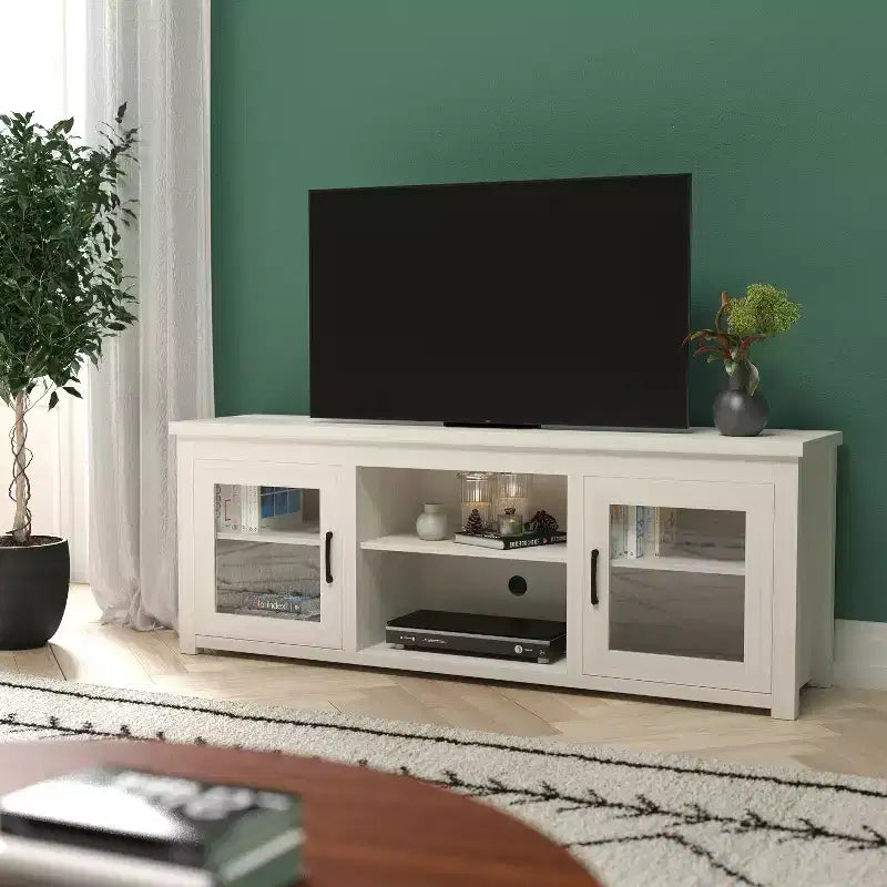 Meuble TV console média avec portes entièrement vitrées classiques et 3 étagères réglables