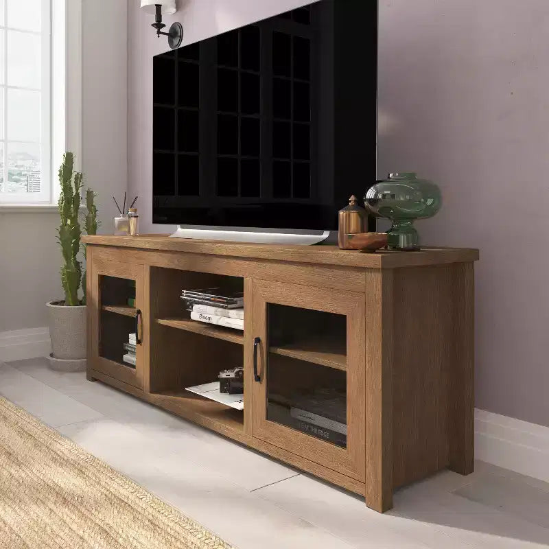 Meuble TV console média avec portes entièrement vitrées classiques et 3 étagères réglables