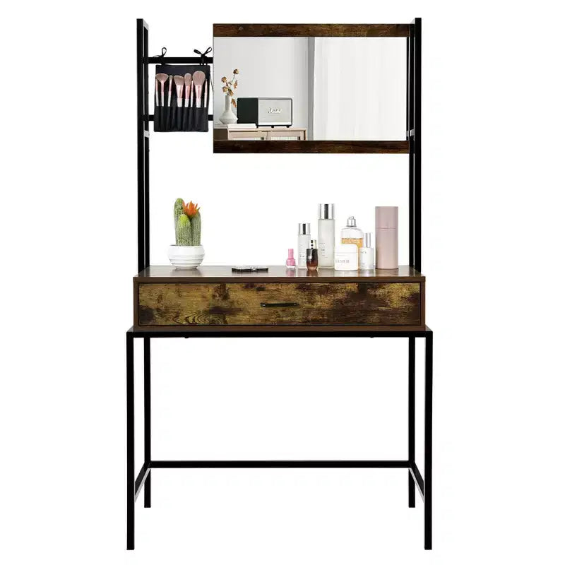 Coiffeuse industrielle avec miroir réglable en hauteur (3 niveaux), sac de rangement et grand tiroir