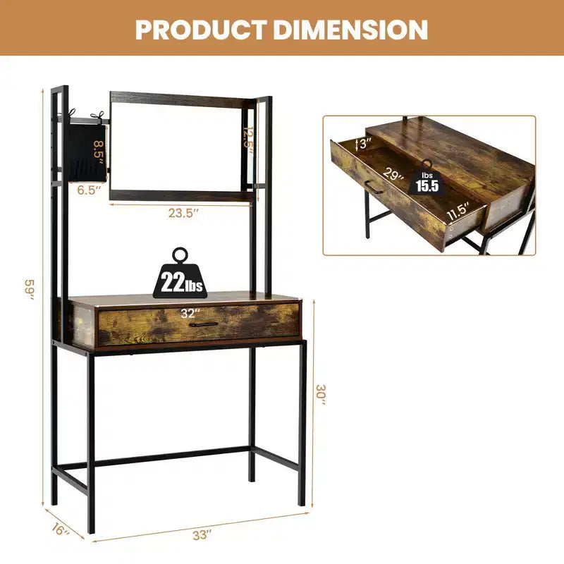 Coiffeuse industrielle avec miroir réglable en hauteur (3 niveaux), sac de rangement et grand tiroir