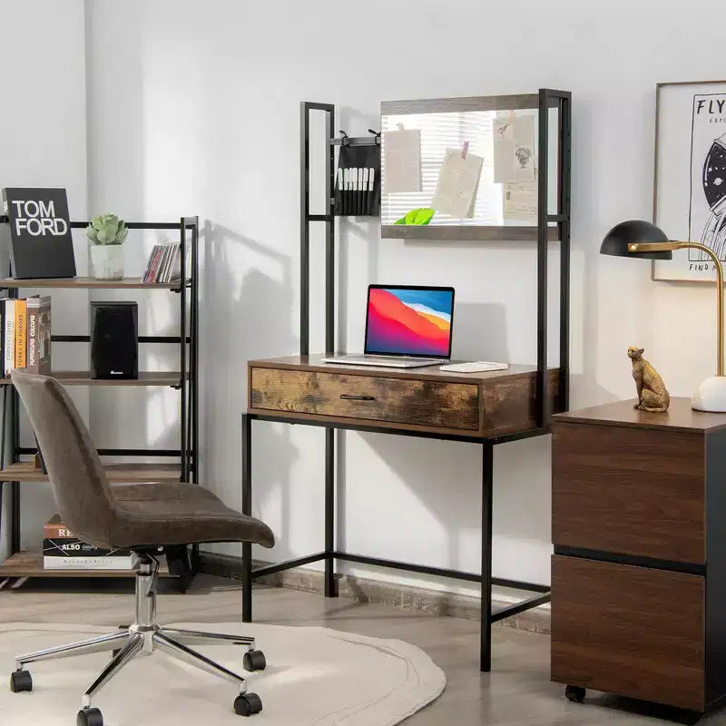Coiffeuse industrielle avec miroir réglable en hauteur (3 niveaux), sac de rangement et grand tiroir