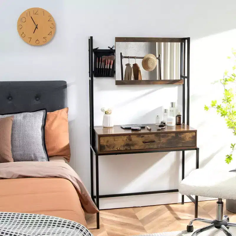 Coiffeuse industrielle avec miroir réglable en hauteur (3 niveaux), sac de rangement et grand tiroir