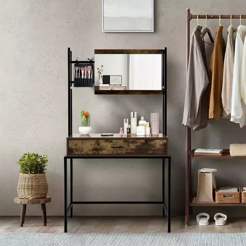 Coiffeuse industrielle avec miroir réglable en hauteur (3 niveaux), sac de rangement et grand tiroir