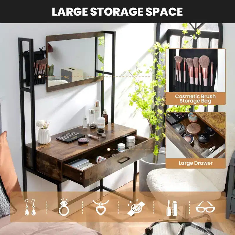 Coiffeuse industrielle avec miroir réglable en hauteur (3 niveaux), sac de rangement et grand tiroir