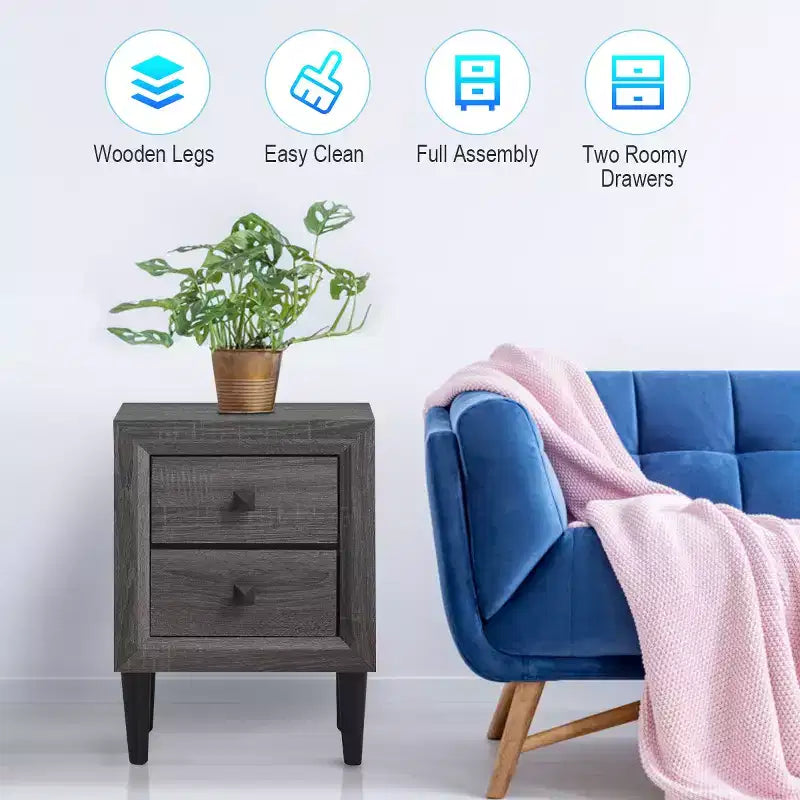 Table de chevet avec 2 tiroirs Table de nuit rétro grise polyvalente