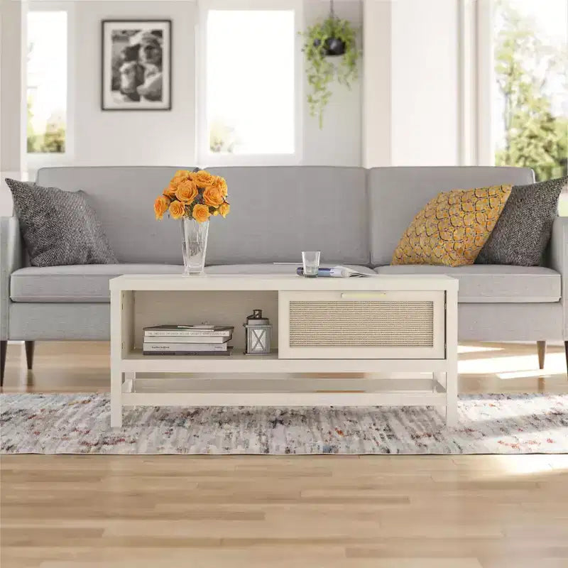Table basse chêne ivoire et rotin synthétique