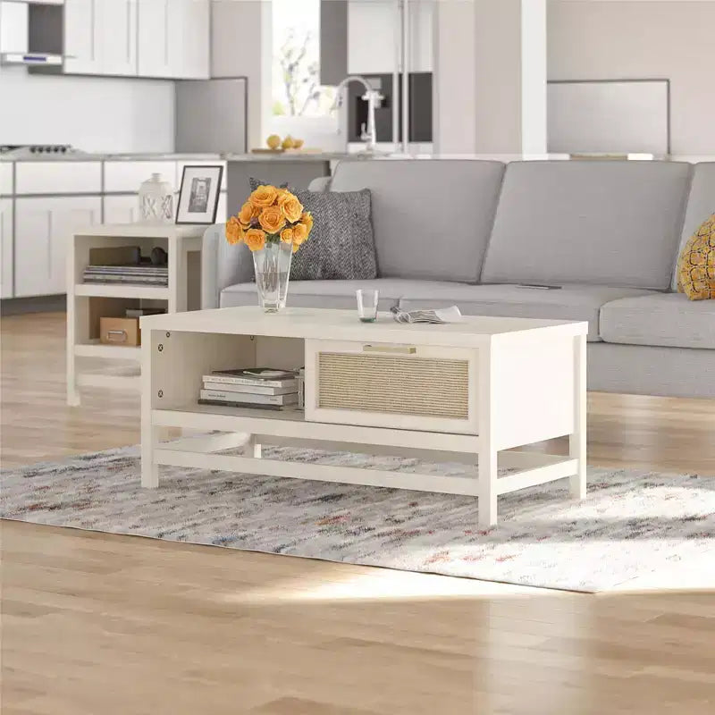 Table basse chêne ivoire et rotin synthétique
