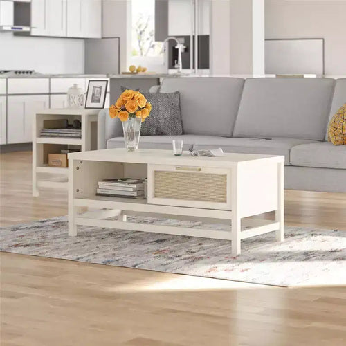 Table basse chêne ivoire et rotin synthétique