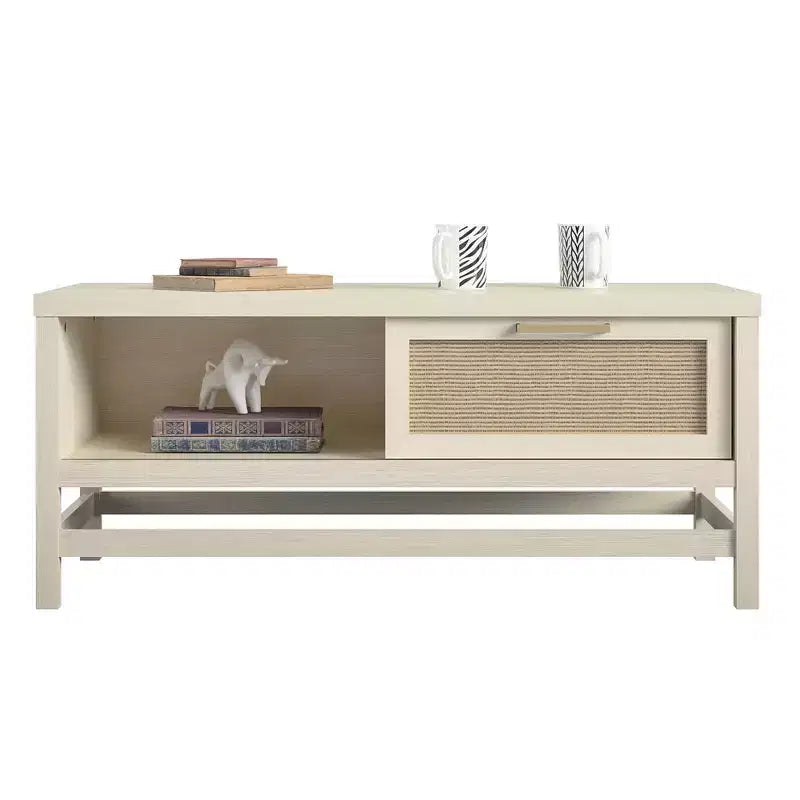 Table basse chêne ivoire et rotin synthétique