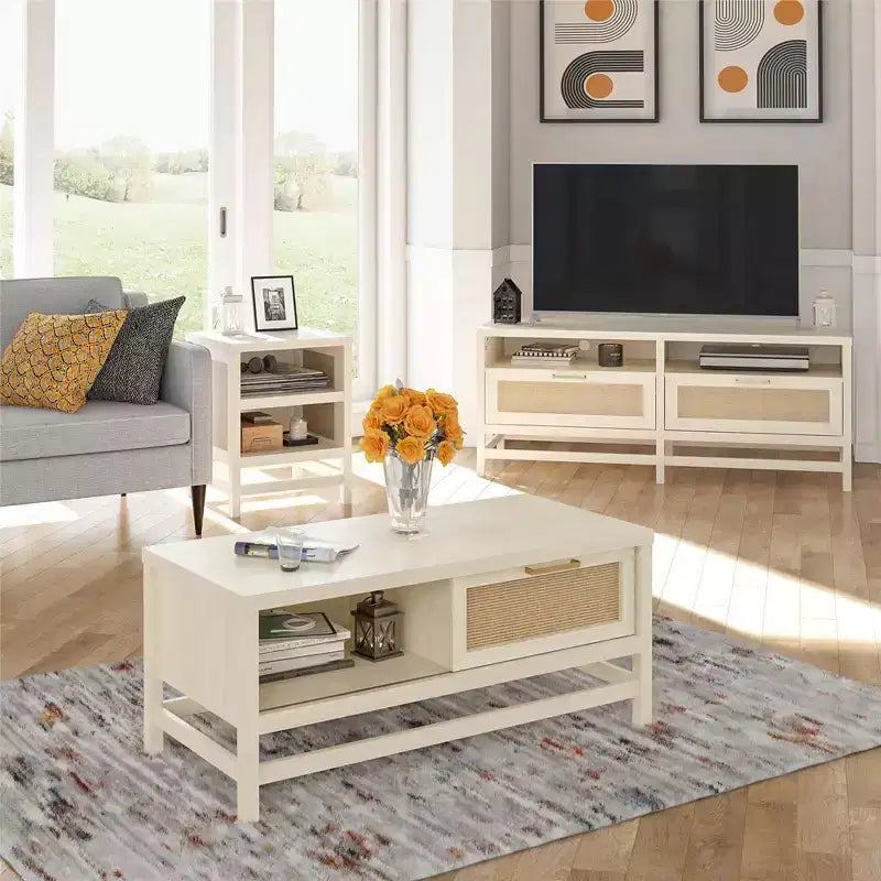 Table basse chêne ivoire et rotin synthétique