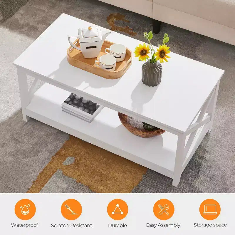 Table basse à 2 étages en bois avec étagère de rangement pour salon
