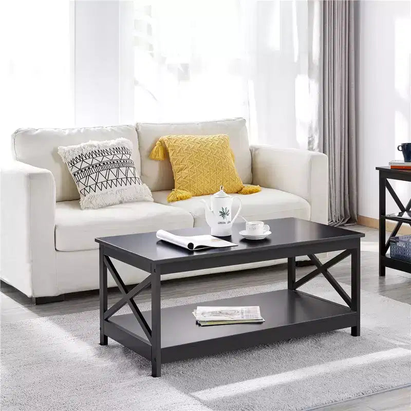 Table basse à 2 étages en bois avec étagère de rangement pour salon